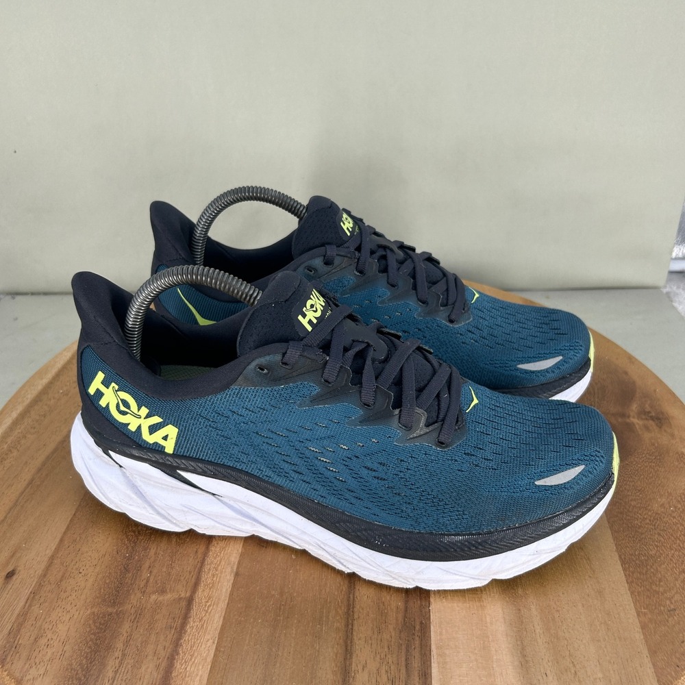 Hoka One One Clifton 8 Wide Mens Size 8.5 2E Blue Yellow Running Shoes Cushioned